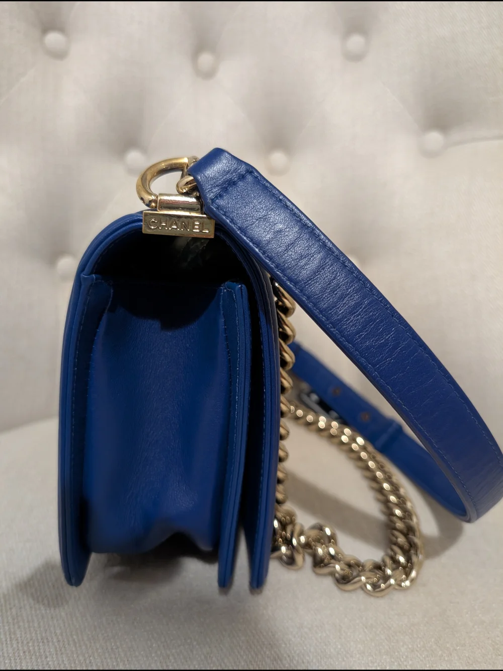 CHANEL Blue Quilted boy Shoulder Bag Gold Hardware Chain Strap CC